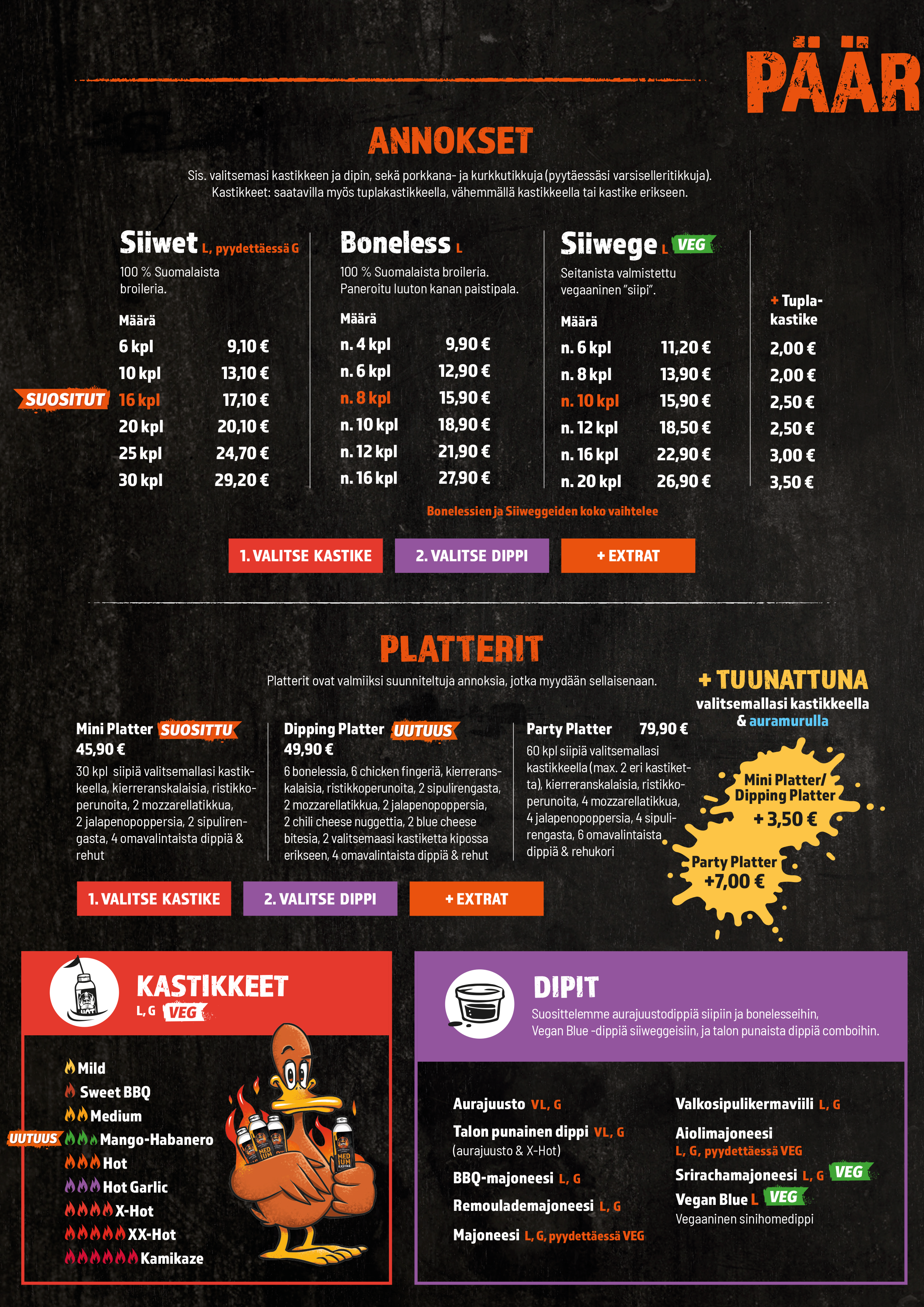 PÄÄRUUAT

ANNOKSET
 Sis. valitsemasi kastikkeen ja dipin, sekä porkkana- ja kurkkutikkuja (pyytäessäsi varsiselleritikkuja). 
Kastikkeet: saatavilla myös tuplakastikkeella, vähemmällä kastikkeella tai kastike erikseen.

SIIVET L, PYYDETTÄESSÄ G
100 % Suomalaista 
broileria.
 Määrä
 6 kpl 9,10 €
 10 kpl 13,10 €
 16 kpl 17,10 €
 20 kpl 20,10 €
 25 kpl 24,70 €
 30 kpl 29,20 €

Siiwege VEG, L 
Seitanista valmistettu  
vegaaninen ”siipi”.

Määrä
 n. 6 kpl 11,20 €
 n. 8 kpl 13,90 €
 n. 10 kpl 15,90 €
 n. 12 kpl 18,50 €
 n. 16 kpl 22,90 €
 n. 20 kpl 26,90 €
 
Boneless L
 100 % Suomalaista broileria.
 Paneroitu luuton kanan paistipala.

 Määrä
 n. 4 kpl 9,90 €
 n. 6 kpl 12,90 €
 n. 8 kpl 15,90 €
 n. 10 kpl 18,90 €
 n. 12 kpl 21,90 €
 n. 16 kpl 27,90 €

 Bonelessien ja Siiweggeiden koko vaihtelee
