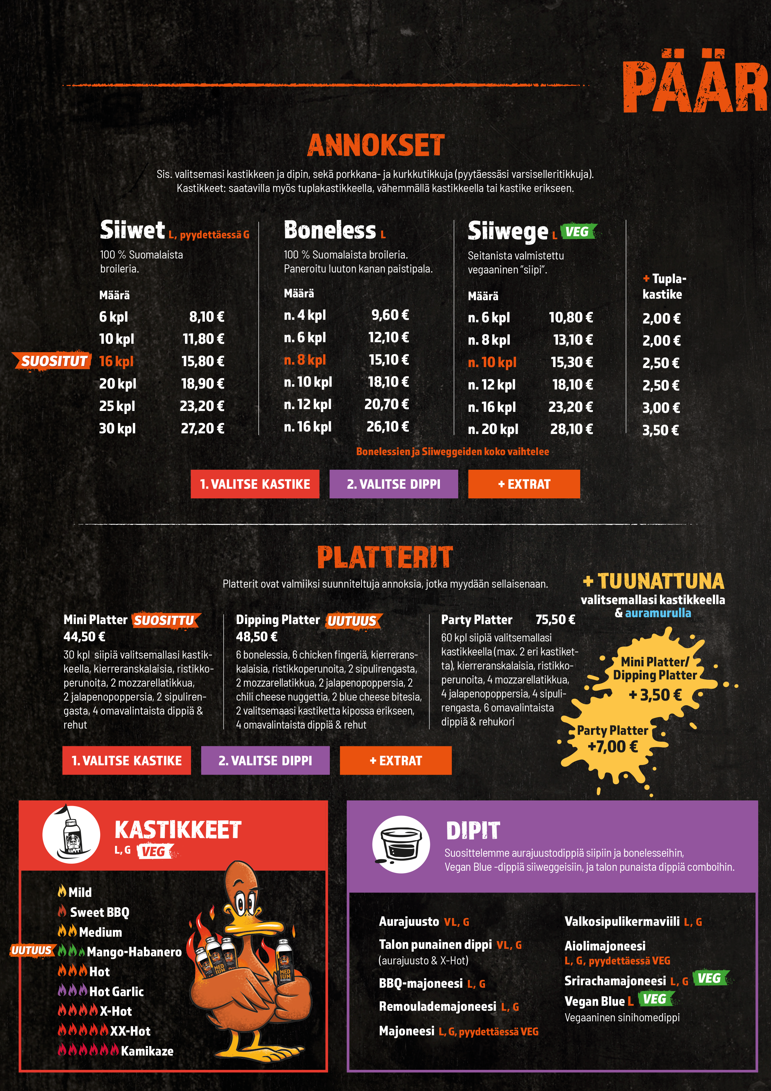 PÄÄRUUAT

ANNOKSET
 Sis. valitsemasi kastikkeen ja dipin, sekä porkkana- ja kurkkutikkuja (pyytäessäsi varsiselleritikkuja). 
Kastikkeet: saatavilla myös tuplakastikkeella, vähemmällä kastikkeella tai kastike erikseen.

SIIVET L, PYYDETTÄESSÄ G
100 % Suomalaista 
broileria.
Määrä
 6 kpl 8,10 €
 10 kpl 11,80 €
 16 kpl 15,80 €
 20 kpl 18,90 €
 25 kpl 23,20 €
 30 kpl 27,20 €

Siiwege VEG, L 
Seitanista valmistettu  
vegaaninen ”siipi”.
Määrä
 n. 6 kpl 10,80 €
 n. 8 kpl 13,10 €
 n. 10 kpl 15,30 €
 n. 12 kpl 18,10 €
 n. 16 kpl 23,20 €
 n. 20 kpl 28,10 €
 
Boneless L
 100 % Suomalaista broileria.
 Paneroitu luuton kanan paistipala.

 Määrä
 n. 4 kpl 9,60 €
 n. 6 kpl 12,10 €
 n. 8 kpl 15,10 €
 n. 10 kpl 18,10 €
 n. 12 kpl 20,70 €
 n. 16 kpl 26,10 €

 Bonelessien ja Siiweggeiden koko vaihtelee
