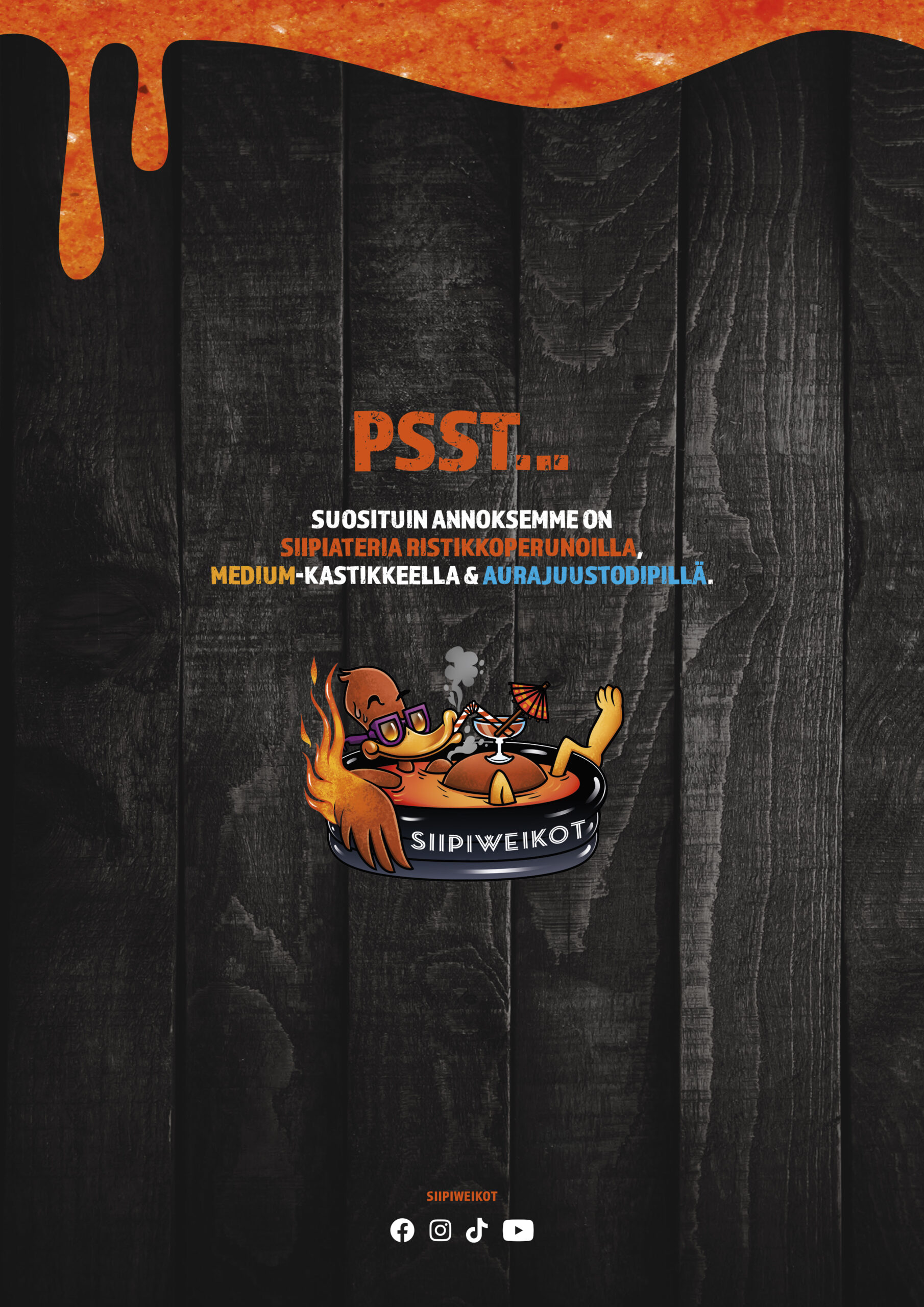 Psst… Suosituin annoksemme on siipiateria ristikkoperunoilla, Medium-kastikkeella ja aurajuustodipillä.

Seuraa meitä Facebookissa, Instagramissa, TikTokissa ja YouTubessa.