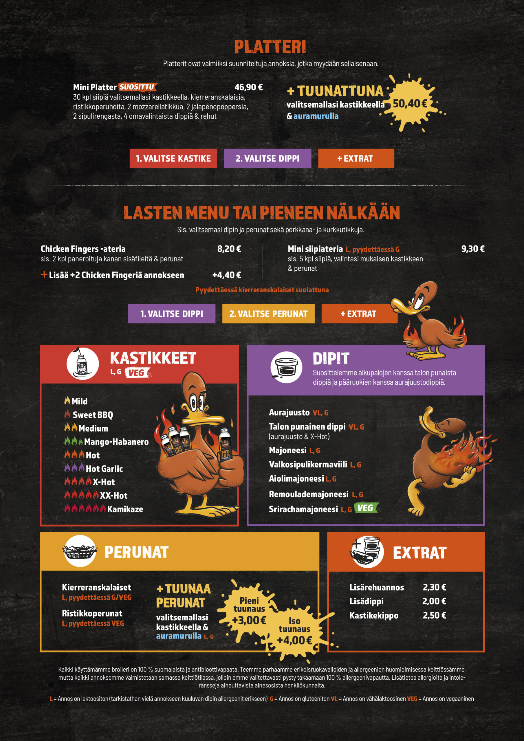Perunat & muut herkut

Kierreranskalaiset (pyydettäessä G/VEG) + valitsemasi dippi: pienet 5,50 €, isot 7,00 €

Ristikko­perunat (pyydettäessä VEG) + dippi: pienet 5,50 €, isot 7,00 €

Tuunaa perunat valitsemallasi kastikkeella & auramurulla: pieni +3,00 € / iso +4,00 €

Chili Cheese Nuggets 3 kpl 5,20 €

Mozzarella­tikut 3 kpl 5,50 €

Jalapeno­poppers 3 kpl 5,50 €

Sipuli­renkaat 6 kpl (pyydettäessä VEG) 5,50 €

Chicken Fingers 4 kpl 9,50 €

Lisää +2 Chicken Fingeriä +4,40 €

Combo 4:llä (4 sipulirengasta, 4 mozzarellatikkua, 4 jalapenopoppersia & 2 valitsemaasi dippiä) 14,50 €

Annokset – Siiwet, Boneless, Siiwege

Sis. valitsemasi kastikkeen ja dipin sekä porkkana- ja kurkkutikkuja (pyydettäessä varsiselleritikkuja). Kastikkeet saatavilla myös tuplana, vähemmällä kastikkeella tai ilman kastiketta.

Siiwet (100 % suomalaista broileria)
6 kpl 8,60 €, 10 kpl 12,70 €, 16 kpl 15,60 €, 20 kpl 20,10 €, 30 kpl 28,80 €, 40 kpl 37,80 €, 50 kpl 47,80 €, 60 kpl 56,40 €, 80 kpl 72,00 €, 100 kpl 88,00 €
Yli 30 kpl siipiannokset vain take away -tilauksiin.

Boneless (paneroitu luuton kanan paistipala)
n. 6 kpl 12,80 €, n. 8 kpl 16,10 €, n. 10 kpl 19,60 €, n. 12 kpl 21,90 €, n. 16 kpl 27,60 €
Bonelessien koko vaihtelee.

Siiwege (VEG, seitanista valmistettu ”siipi”)
n. 8 kpl 13,80 €, n. 10 kpl 16,20 €, n. 12 kpl 19,60 €, n. 16 kpl 24,90 €, n. 20 kpl 29,60 €
Siiwege-palojen koko vaihtelee.

Vaiheittain: 1) Valitse kastike, 2) valitse dippi, + extrat.

Ateriat (sis. kastike, dippi, perunat, porkkana- ja kurkkutikut)

Siipiateria – 10 kpl siipiä & perunat 15,80 €

Boneless-ateria – n. 8 kpl boneless-siipiä & perunat 18,80 €

Siiwege-ateria – n. 10 kpl Siiwegejä & perunat 18,90 €

Vaiheittain: 1) Valitse kastike, 2) valitse dippi, 3) valitse perunat, + extrat.

Allergeenit: L = laktoositon annos (huom. dippi), G = gluteeniton annos, VL = vähälaktoosinen annos, VEG = vegaaninen annos.
Käyttämämme broileri on 100 % suomalaista ja antibiootitonta.

Siipiweikot Lielahti, siivet, boneless, vegesiivet, Siiwege, kanansiivet Tampere, ranskalaiset, kastikkeet, dipit, lasten annos, take away.