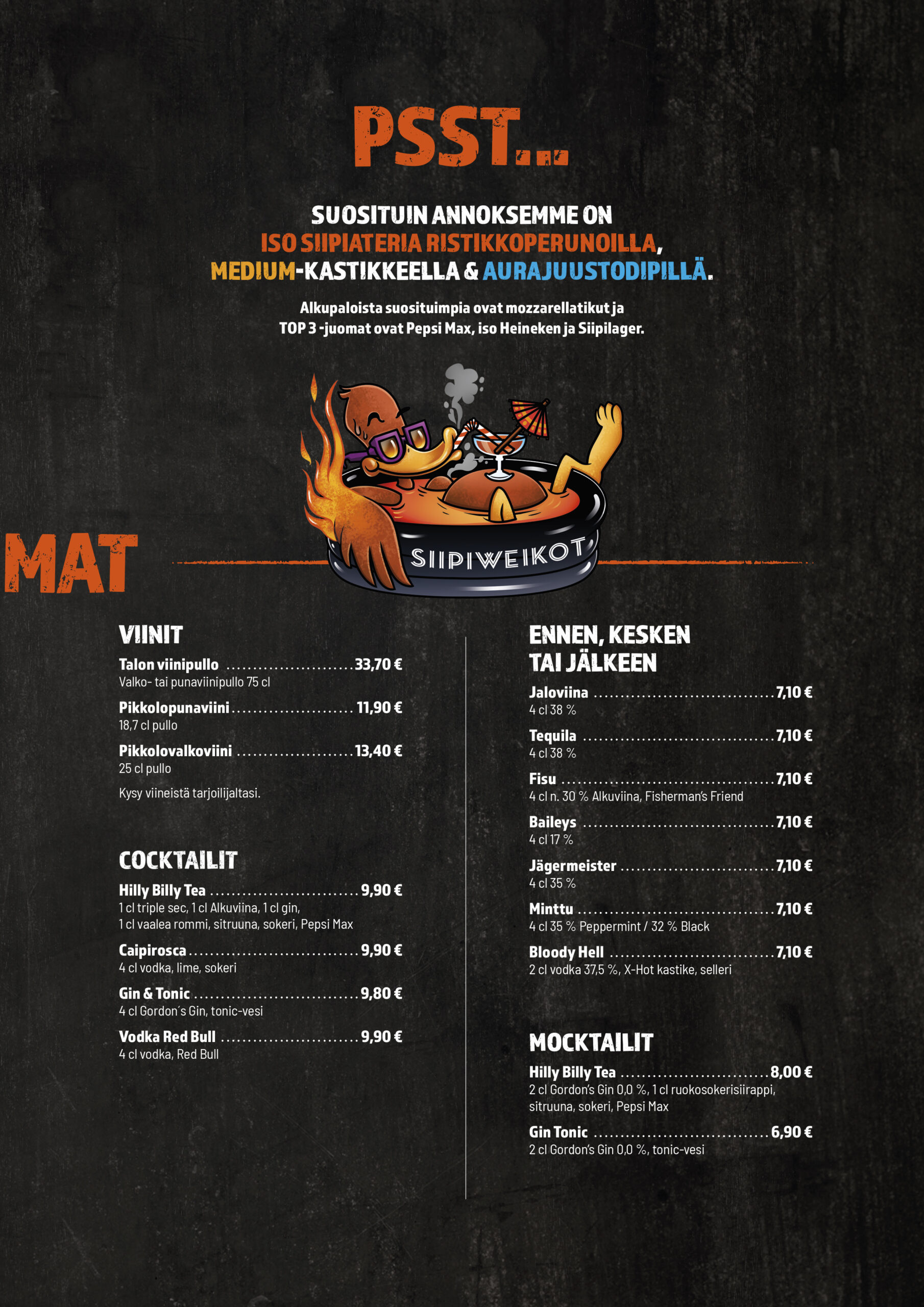 PSST...
 SUOSITUIN ANNOKSEMME ON
 ISO SIIPIATERIA RISTIKKOPERUNOILLA, 
MEDIUM-KASTIKKEELLA & AURAJUUSTODIPILLÄ. 
Alkupaloista suosituimpia ovat mozzarellatikut ja  
TOP 3 -juomat ovat Pepsi Max, iso Heineken ja Siipilager.
