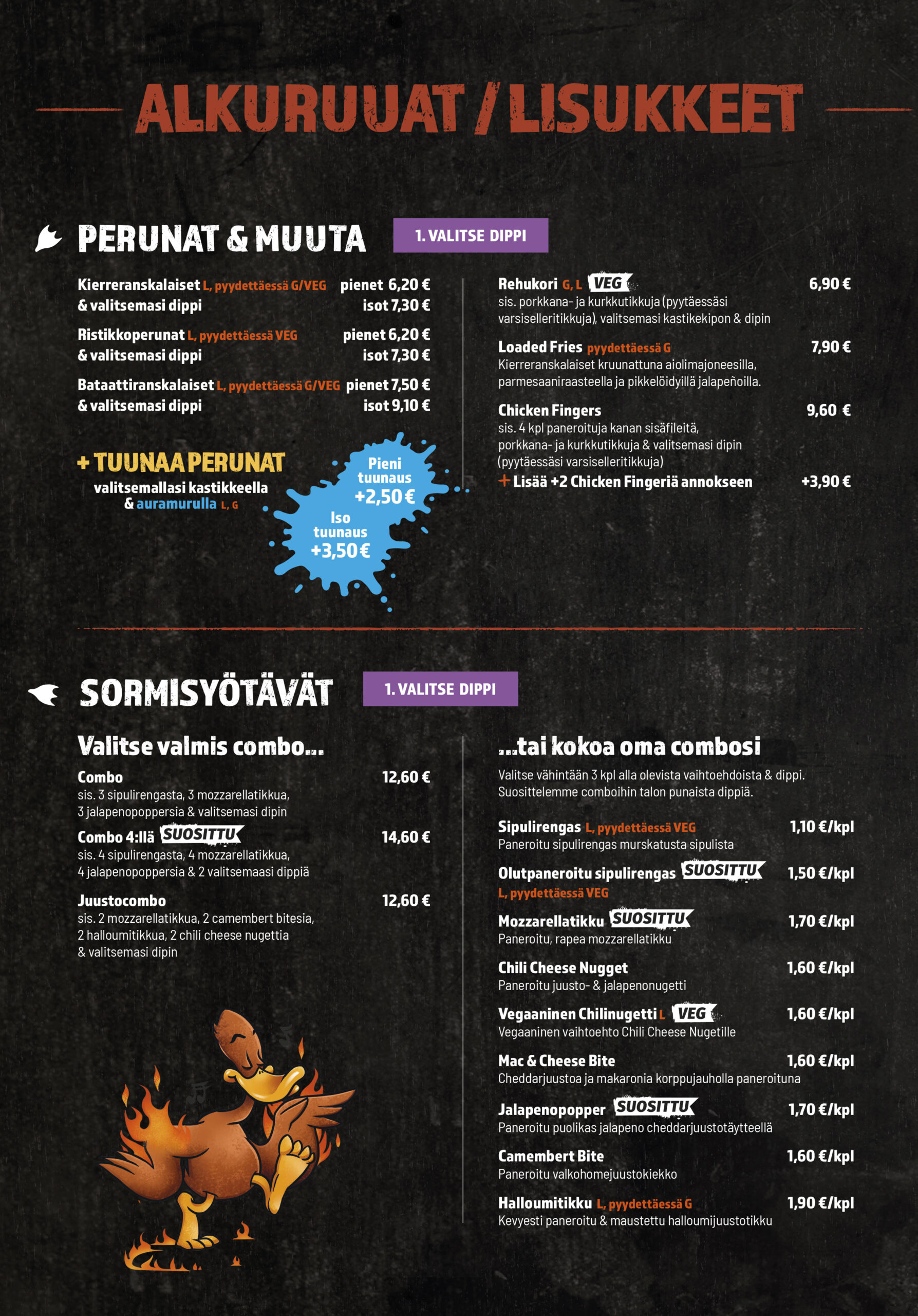 Alkuruuat / lisukkeet
Perunat & muuta
1. Valitse dippi

Kierreranskalaiset (L, pyydettäessä G/VEG)
& valitsemasi dippi

pienet 6,20 €
isot 7,30 €

Ristikkoperunat (L, pyydettäessä VEG)
& valitsemasi dippi

pienet 6,20 €
isot 7,30 €

Bataattiranskalaiset (L, pyydettäessä G/VEG)
& valitsemasi dippi

pienet 7,50 €
isot 9,10 €
+ Tuunaa perunat

valitsemallasi kastikkeella & auramurulla (L, G)

pieni tuunaus +2,50 €
iso tuunaus +3,50 €

Rehukori (G, L)
sis. porkkana- ja kurkkutikkuja (pyytäessäsi varsiselleritikkuja), valitsemasi kastikekipon & dipin

6,90 €

Loaded Fries (pyydettäessä G)
Kierreranskalaiset kruunattuna aiolimajoneesilla, parmesaaniraasteella ja pikkelöidyillä jalapeñoilla

7,90 €

Chicken Fingers
sis. 4 kpl paneroituja kanan sisäfileitä, porkkana- ja kurkkutikkuja & valitsemasi dipin (pyytäessäsi varsiselleritikkuja)

9,60 €

Lisää +2 Chicken Fingeriä annokseen

+3,90 €
Sormisyötävät
1. Valitse dippi
Valitse valmis combo...

Combo
sis. 3 sipulirengasta, 3 mozzarellatikkua, 3 jalapenopoppersia & valitsemasi dipin

12,60 €

Combo 4:llä
sis. 4 sipulirengasta, 4 mozzarellatikkua, 4 jalapenopoppersia & 2 valitsemaasi dippiä

14,60 €

Juustocombo
sis. 2 mozzarellatikkua, 2 camembert bitesia, 2 halloumitikkua, 2 chili cheese nuggettia & valitsemasi dipin

12,60 €
...tai kokoa oma combosi

Valitse vähintään 3 kpl alla olevista vaihtoehdoista & dippi. Suosittelemme comboihin talon punaista dippiä.

Sipulirengas (L, pyydettäessä VEG) – 1,10 €/kpl
Paneroitu sipulirengas murskatusta sipulista
Olutpaneroitu sipulirengas (L, pyydettäessä VEG) – 1,50 €/kpl
Mozzarellatikku – 1,70 €/kpl
Paneroitu, rapea mozzarellatikku
Chili Cheese Nugget – 1,60 €/kpl
Paneroitu juusto- & jalapenonugetti
Vegaaninen chilinugetti (L) – 1,60 €/kpl
Vegaaninen vaihtoehto Chili Cheese Nugetille
Mac & Cheese Bite – 1,60 €/kpl
Cheddarjuustoa ja makaronia korppujauholla paneroituna
Jalapenopopper – 1,70 €/kpl
Paneroitu puolikas jalapeno cheddarjuustotäytteellä
Camembert Bite – 1,60 €/kpl
Paneroitu valkohomejuustokiekko
Halloumitikku (L, pyydettäessä G) – 1,90 €/kpl
Kevyesti paneroitu & maustettu halloumijuustotikku