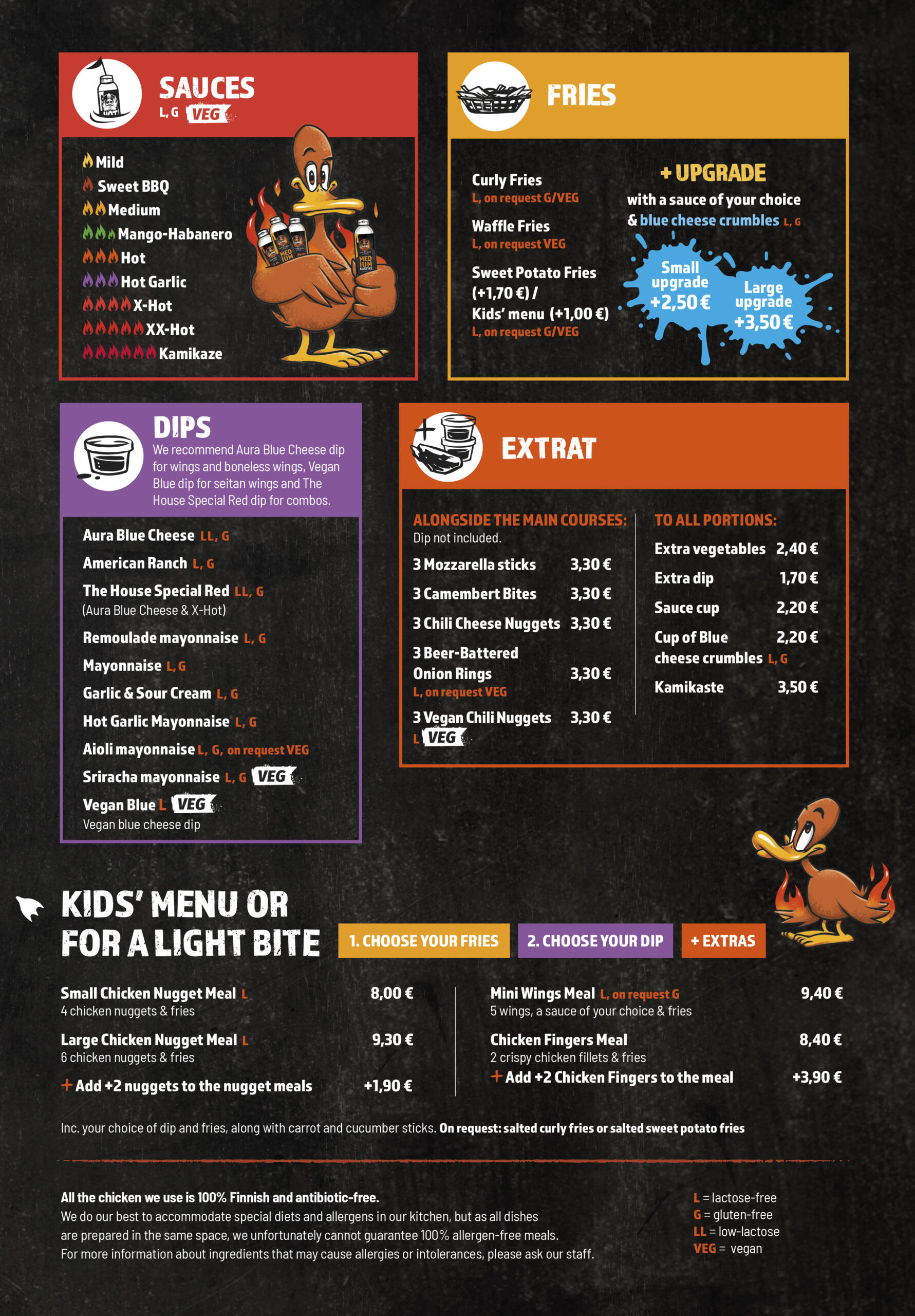 Sauces (L, G)
Mild
Sweet BBQ
Medium
Mango-Habanero
Hot
Hot Garlic
X-Hot
XX-Hot
Kamikaze
Fries
Curly Fries (L, on request G/VEG)
Waffle Fries (L, on request VEG)
Sweet Potato Fries (+1,70 € / Kids’ menu +1,00 €, L, on request G/VEG)
+ Upgrade

with a sauce of your choice & blue cheese crumbles (L, G)

small upgrade +2,50 €
large upgrade +3,50 €
Dips

We recommend Aura Blue Cheese dip for wings and boneless wings, Vegan Blue dip for seitan wings and The House Special Red dip for combos.

Aura Blue Cheese (LL, G)
American Ranch (L, G)
The House Special Red (LL, G)
(Aura Blue Cheese & X-Hot)
Remoulade mayonnaise (L, G)
Mayonnaise (L, G)
Garlic & Sour Cream (L, G)
Hot Garlic Mayonnaise (L, G)
Aioli mayonnaise (L, G, on request VEG)
Sriracha mayonnaise (L, G)
Vegan Blue (L)
Vegan blue cheese dip
Extras
Alongside the main courses

Dip not included.

3 Mozzarella sticks 3,30 €
3 Camembert Bites 3,30 €
3 Chili Cheese Nuggets 3,30 €
3 Beer-Battered Onion Rings 3,30 € (L, on request VEG)
3 Vegan Chili Nuggets 3,30 € (L)
To all portions
Extra vegetables 2,40 €
Extra dip 1,70 €
Sauce cup 2,20 €
Cup of Blue cheese crumbles 2,20 € (L, G)
Kamikaste 3,50 €
Kids’ Menu or For a Light Bite
1. Choose your fries
2. Choose your dip
+ Extras

Small Chicken Nugget Meal (L)
4 chicken nuggets & fries

8,00 €

Large Chicken Nugget Meal (L)
6 chicken nuggets & fries

9,30 €

Add +2 nuggets to the nugget meals

+1,90 €

Mini Wings Meal (L, on request G)
5 wings, a sauce of your choice & fries

9,40 €

Chicken Fingers Meal
2 crispy chicken fillets & fries

8,40 €

Add +2 Chicken Fingers to the meal

+3,90 €

Inc. your choice of dip and fries, along with carrot and cucumber sticks. On request: salted curly fries or salted sweet potato fries.