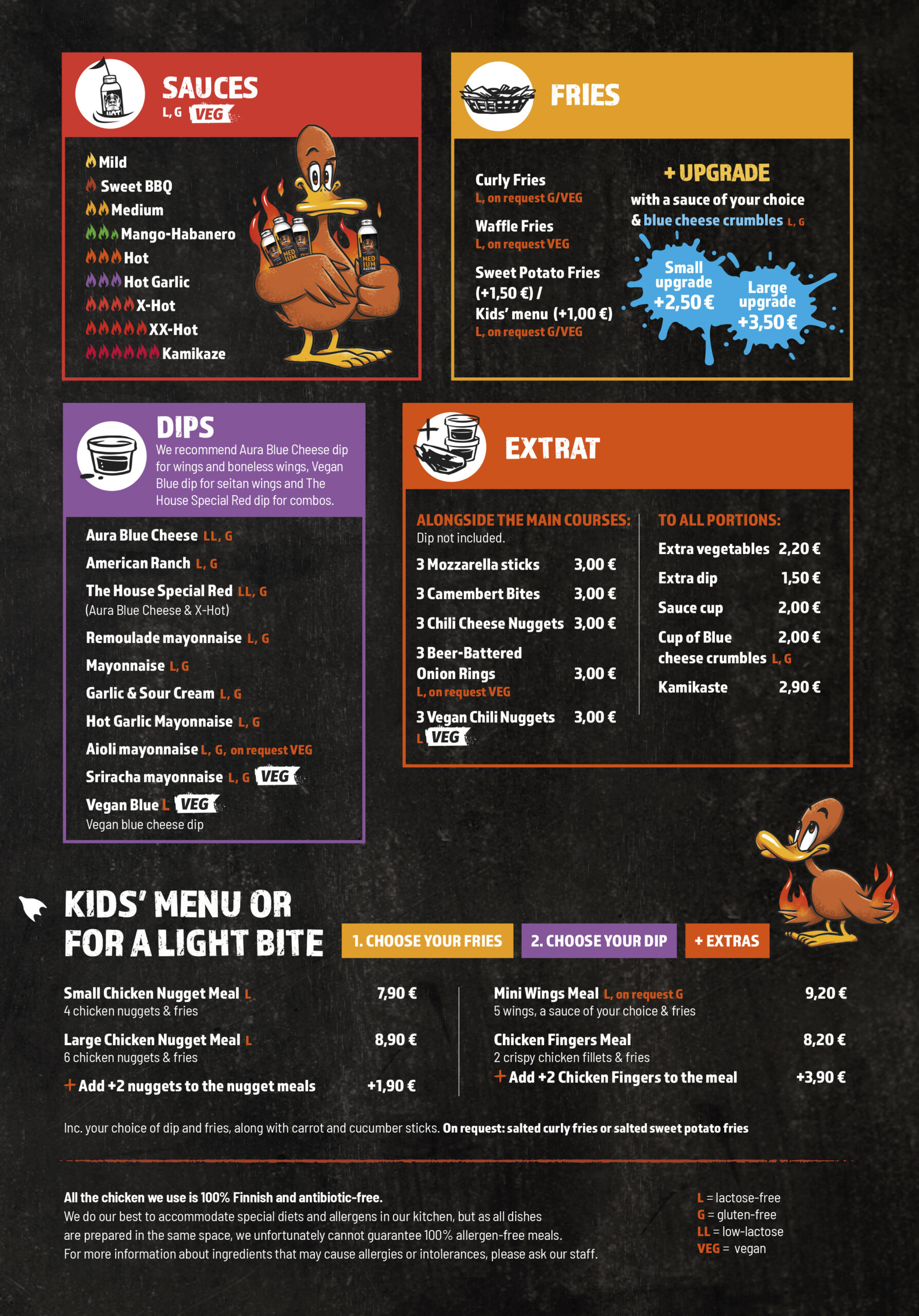 Sauces (L, G, VEG)
Mild
Sweet BBQ
Medium
Mango-Habanero
Hot
Hot Garlic
X-Hot
XX-Hot
Kamikaze
Fries
Curly Fries (L, on request G/VEG)
Waffle Fries (L, on request VEG)
Sweet Potato Fries (+1,50 € / Kids’ menu +1,00 €, L, on request G/VEG)
+ Upgrade

with a sauce of your choice & blue cheese crumbles (L, G)

small upgrade +2,50 €
large upgrade +3,50 €
Dips

We recommend Aura Blue Cheese dip for wings and boneless wings, Vegan Blue dip for seitan wings and The House Special Red dip for combos.

Aura Blue Cheese (LL, G)
American Ranch (L, G)
The House Special Red (LL, G)
(Aura Blue Cheese & X-Hot)
Remoulade mayonnaise (L, G)
Mayonnaise (L, G)
Garlic & Sour Cream (L, G)
Hot Garlic Mayonnaise (L, G)
Aioli mayonnaise (L, G, on request VEG)
Sriracha mayonnaise (L, G, VEG)
Vegan Blue (L, VEG)
Vegan blue cheese dip
Extras
Alongside the main courses

Dip not included.

3 Mozzarella sticks 3,00 €
3 Camembert Bites 3,00 €
3 Chili Cheese Nuggets 3,00 €
3 Beer-Battered Onion Rings 3,00 € (L, on request VEG)
3 Vegan Chili Nuggets 3,00 € (L, VEG)
To all portions
Extra vegetables 2,20 €
Extra dip 1,50 €
Sauce cup 2,00 €
Cup of Blue cheese crumbles 2,00 € (L, G)
Kamikaste 2,90 €
Kids’ Menu or For a Light Bite
1. Choose your fries
2. Choose your dip
+ Extras

Small Chicken Nugget Meal (L)
4 chicken nuggets & fries

7,90 €

Large Chicken Nugget Meal (L)
6 chicken nuggets & fries

8,90 €

+ Add +2 nuggets to the nugget meals

+1,90 €

Mini Wings Meal (L, on request G)
5 wings, a sauce of your choice & fries

9,20 €

Chicken Fingers Meal
2 crispy chicken fillets & fries

8,20 €

+ Add +2 Chicken Fingers to the meal

+3,90 €

Inc. your choice of dip and fries, along with carrot and cucumber sticks. On request: salted curly fries or salted sweet potato fries.

All the chicken we use is 100% Finnish and antibiotic-free. We do our best to accommodate special diets and allergens in our kitchen, but as all dishes are prepared in the same space, we unfortunately cannot guarantee 100% allergen-free meals. For more information about ingredients that may cause allergies or intolerances, please ask our staff.

Labels:
L = lactose-free
G = gluten-free
LL = low-lactose
VEG = vegan