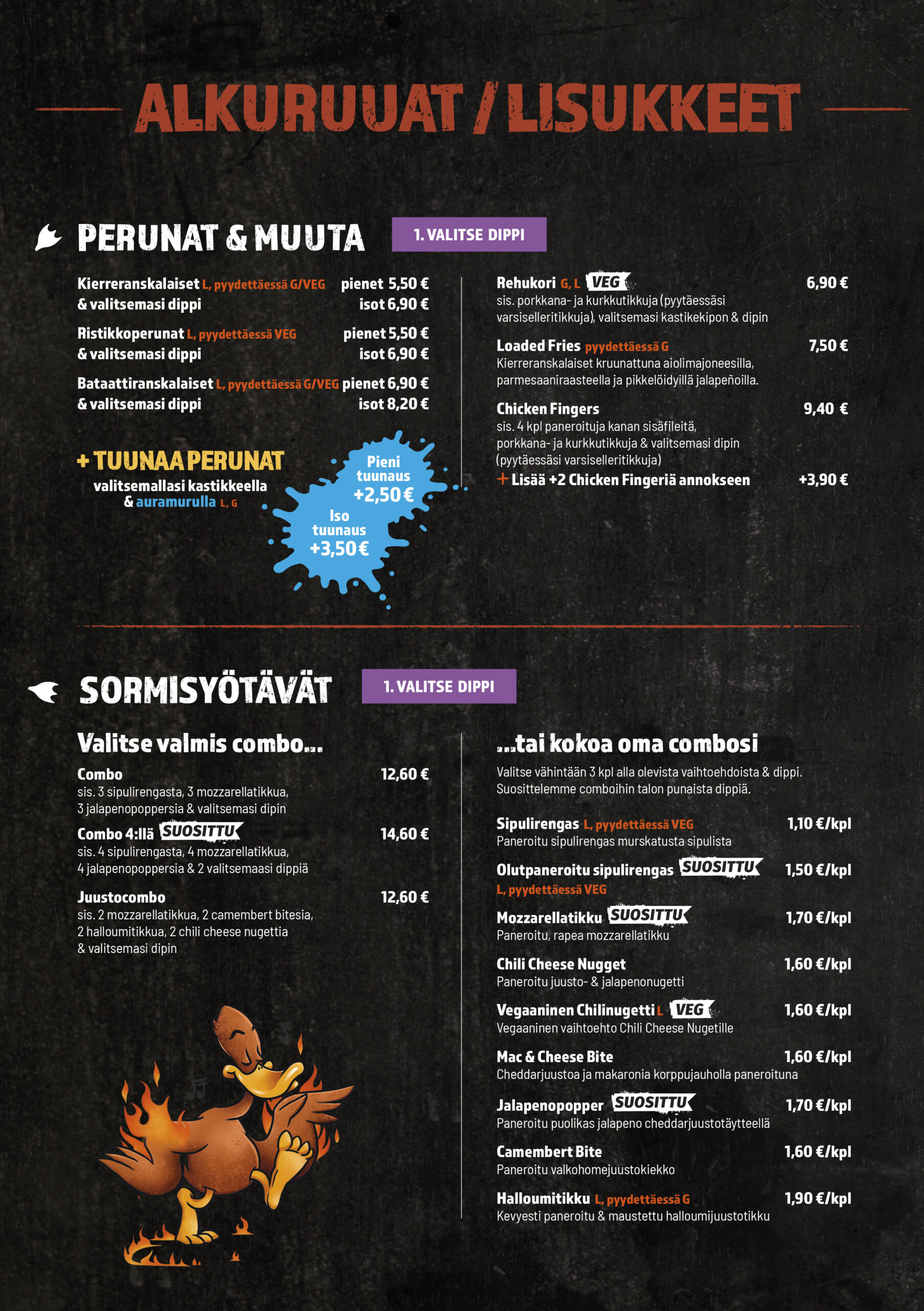 Alkuruoat / Lisukkeet
Perunat & muuta
1. Valitse dippi

Kierreranskalaiset (L, pyydettäessä G/VEG)
& valitsemasi dippi

pienet 5,50 €
isot 6,90 €

Ristikkoperunat (L, pyydettäessä VEG)
& valitsemasi dippi

pienet 5,50 €
isot 6,90 €

Bataattiranskalaiset (L, pyydettäessä G/VEG)
& valitsemasi dippi

pienet 6,90 €
isot 8,20 €
+ Tuunaa perunat

valitsemallasi kastikkeella & auramurulla (L, G)

pieni tuunaus +2,50 €
iso tuunaus +3,50 €

Rehukori (G, L, VEG)
sis. porkkana- ja kurkkutikkuja (pyytäessäsi varsiselleritikkuja), valitsemasi kastikekipon & dipin

6,90 €

Loaded Fries (pyydettäessä G)
Kierreranskalaiset kuunatuna aiolimajoneesilla, parmesaaniraasteella ja pikkelöidyillä jalapeñoilla.

7,50 €

Chicken Fingers
sis. 4 kpl paneroituja kanan sisäfileitä, porkkana- ja kurkkutikkuja & valitsemasi dipin (pyytäessäsi varsiselleritikkuja)

9,40 €

Lisää +2 Chicken Fingeriä annokseen

+3,90 €
Sormisyötävät
1. Valitse dippi
Valitse valmis combo...

Combo
sis. 3 sipulirengasta, 3 mozzarellatikkua, 3 jalapenopoppersia & valitsemasi dipin

12,60 €

Combo 4:llä (suosittu)
sis. 4 sipulirengasta, 4 mozzarellatikkua, 4 jalapenopoppersia & 2 valitsemaasi dippiä

14,60 €

Juustocombo
sis. 2 mozzarellatikkua, 2 camembert bitesia, 2 halloumitikkua, 2 chili cheese nuggettia & valitsemasi dipin

12,60 €
...tai kokoa oma combosI

Valitse vähintään 3 kpl alla olevista vaihtoehdoista & dippi. Suosittelemme comboihin talon punaista dippiä.

Sipulirengas (L, pyydettäessä VEG) – 1,10 €/kpl
Paneroitu sipulirengas murskatusta sipulista
Olutpaneroitu sipulirengas (suosittu, L, pyydettäessä VEG) – 1,50 €/kpl
Mozzarellatikku (suosittu) – 1,70 €/kpl
Paneroitu, rapea mozzarellatikku
Chili Cheese Nugget – 1,60 €/kpl
Paneroitu juusto- & jalapenonuggetti
Vegaaninen Chilinuggetti (L, VEG) – 1,60 €/kpl
Vegaaninen vaihtoehto Chili Cheese Nugetille
Mac & Cheese Bite – 1,60 €/kpl
Cheddarjuustoa ja makaronia korppujauholla paneroituna
Jalapenopopper (suosittu) – 1,70 €/kpl
Paneroitu puolikas jalapeno cheddarjuustotäytteellä
Camembert Bite – 1,60 €/kpl
Paneroitu valkohomejuustokiekko
Halloumitikku (L, pyydettäessä G) – 1,90 €/kpl
Kevyesti paneroitu & maustettu halloumijuustotikku