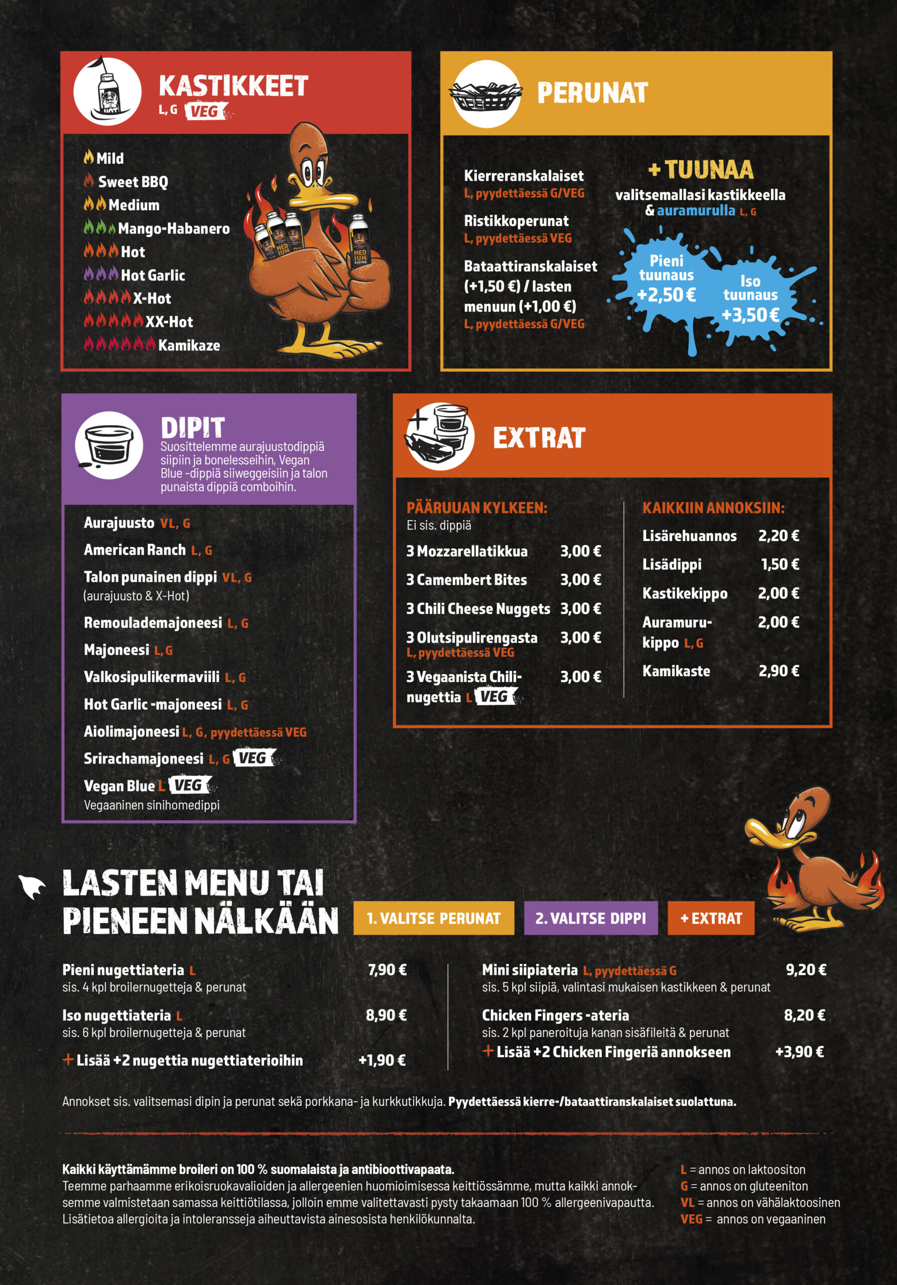 Kastikkeet (L, G, VEG)
Mild
Sweet BBQ
Medium
Mango-Habanero
Hot
Hot Garlic
X-Hot
XX-Hot
Kamikaze
Perunat
Kierreranskalaiset (L, pyydettäessä G/VEG)
Ristikkoperunat (L, pyydettäessä VEG)
Bataattiranskalaiset (+1,50 € / lasten menuun +1,00 €, L, pyydettäessä G/VEG)
+ Tuunaa

valitsemallasi kastikkeella & auramurulla (L, G)

pieni tuunaus +2,50 €
iso tuunaus +3,50 €
Dipit

Suosittelemme aurajuustodippiä siipiin ja bonelesseihin, Vegan Blue -dippiä siiwegeisiin ja talon punaista dippiä comboihin.

Aurajuusto (VL, G)
American Ranch (L, G)
Talon punainen dippi (VL, G)
(aurajuusto & X-Hot)
Remoulademajoneesi (L, G)
Majoneesi (L, G)
Valkosipulikermaviili (L, G)
Hot Garlic -majoneesi (L, G)
Aiolimajoneesi (L, G, pyydettäessä VEG)
Srirachamajoneesi (L, G, VEG)
Vegan Blue (L, VEG)
Vegaaninen sinihomedippi
Extrat
Pääruoan kylkeen
3 Mozzarellatikkua 3,00 €
3 Camembert Bites 3,00 €
3 Chili Cheese Nuggets 3,00 €
3 Olutsipulirengasta 3,00 € (L, pyydettäessä VEG)
3 Vegaanista Chilinuggettia 3,00 € (L, VEG)
Kaikkiin annoksiin
Lisärehuannos 2,20 €
Lisädippi 1,50 €
Kastikekippo 2,00 €
Auramurukippo 2,00 € (L, G)
Kamikaste 2,90 €
Lasten menu tai pieneen nälkään
1. Valitse perunat
2. Valitse dippi
+ Extrat

Pieni nuggettiateria (L)
sis. 4 kpl broilerinuggetteja & perunat

7,90 €

Iso nuggettiateria (L)
sis. 6 kpl broilerinuggetteja & perunat

8,90 €

Lisää +2 nugettia nuggettiaterioihin

+1,90 €

Mini siipiateria (L, pyydettäessä G)
sis. 5 kpl siipiä, valintasi mukaisen kastikkeen & perunat

9,20 €

Chicken Fingers -ateria
sis. 2 kpl paneroituja kanan sisäfileitä & perunat

8,20 €

Lisää +2 Chicken Fingeriä annokseen

+3,90 €

Annokset sis. valitsemasi dipin ja perunat sekä porkkana- ja kurkkutikkuja. Pyydettäessä kierre-/bataattiranskalaiset suolattuna.

Kaikki käyttämämme broileri on 100 % suomalaista ja antibioottivapaata. Teemme parhaamme erikoisruokavalioiden ja allergeenien huomioimisessa keittiössämme, mutta kaikki annoksemme valmistetaan samassa keittiötilassa, jolloin emme valitettavasti pysty takaamaan 100 % allergeenivapautta. Lisätietoa allergeioita ja intoleransseja aiheuttavista ainesosista henkilökunnalta.

Merkinnät:
L = annos on laktoositon
G = annos on gluteeniton
VL = annos on vähälaktoosinen
VEG = annos on vegaaninen
